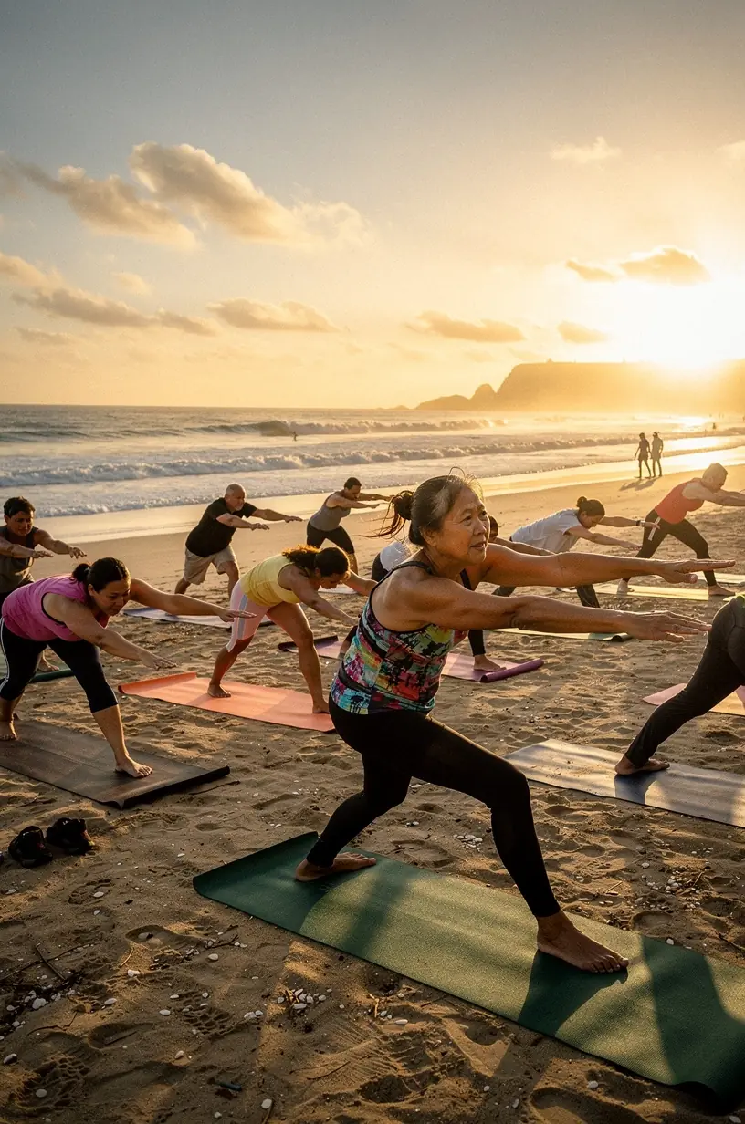Водные виды спорта на пляже: каякинг и серфинг на фоне морских волн